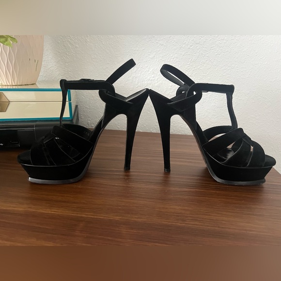 YSL SAINT LAURENT BLACK VELVET 105 TRIBUTE PLATFORM SANDALS SIZE 37.5/7.5 - Picture 14 of 16